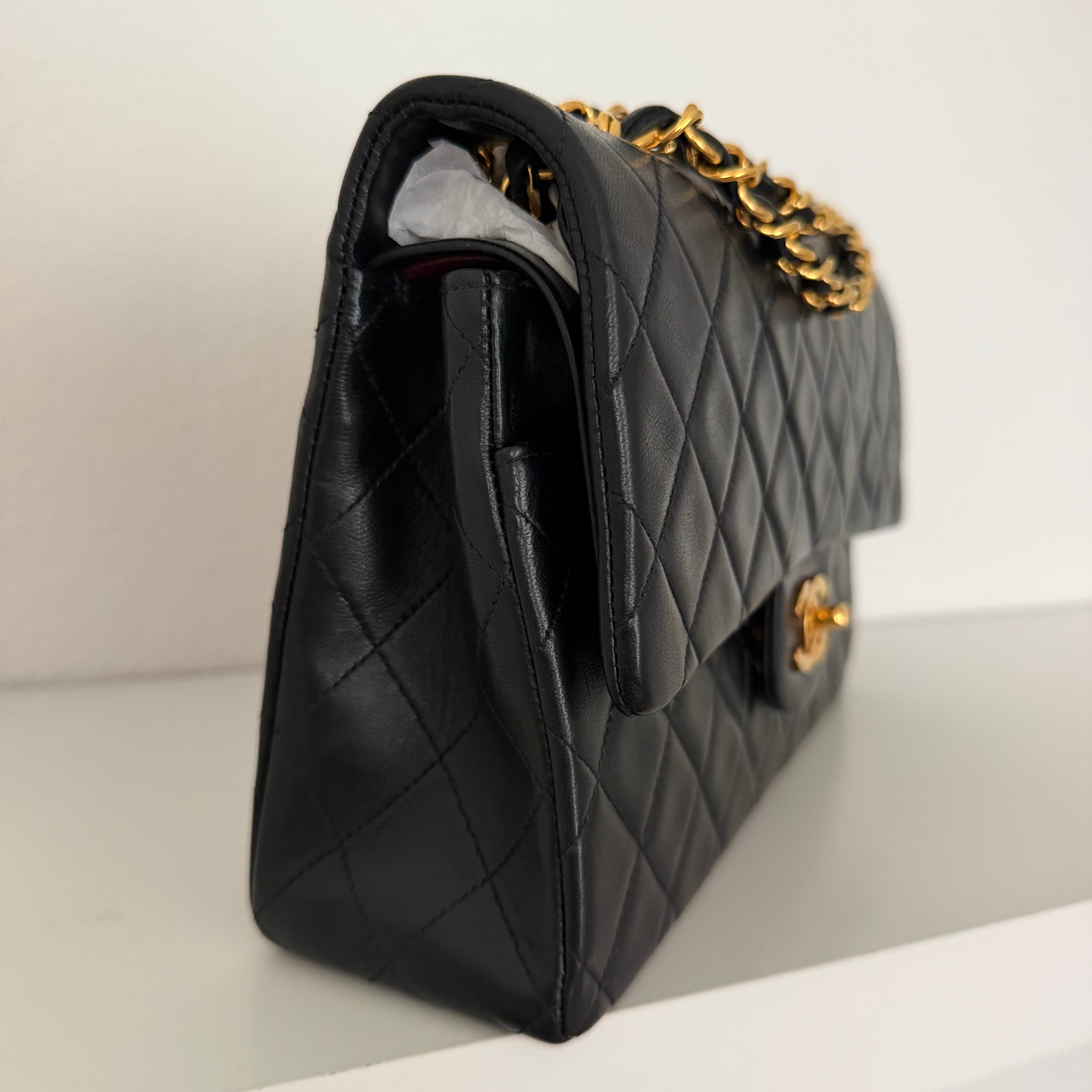 Chanel Medium Classic Vintage Double Flap Bag Black Quilted Lambskin With 24K Gold-Plated Hardware