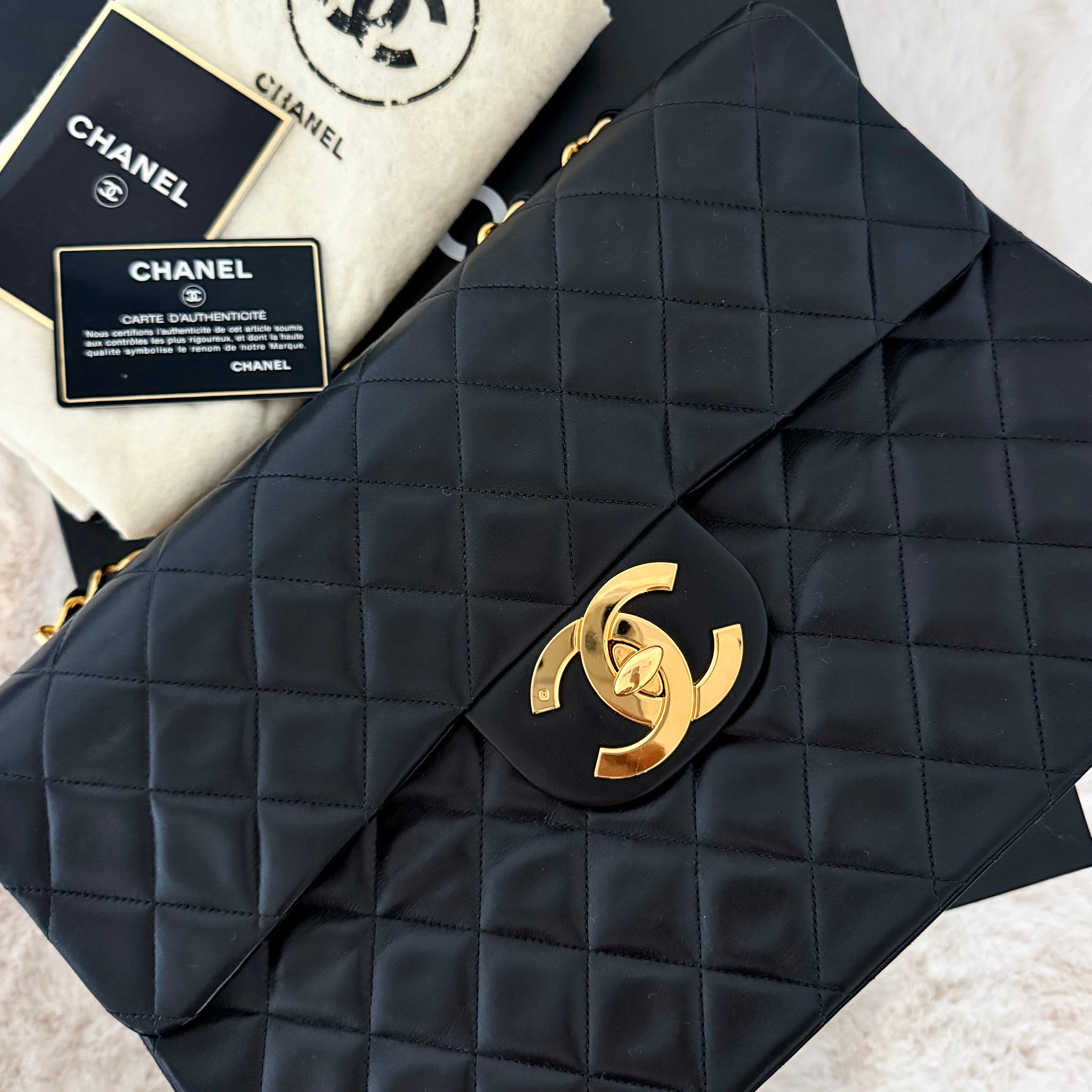 Chanel Jumbo CC Classic Single Flap Maxi Logo Bag Black Quilted Lambskin 24K Gold-Plated Hardware