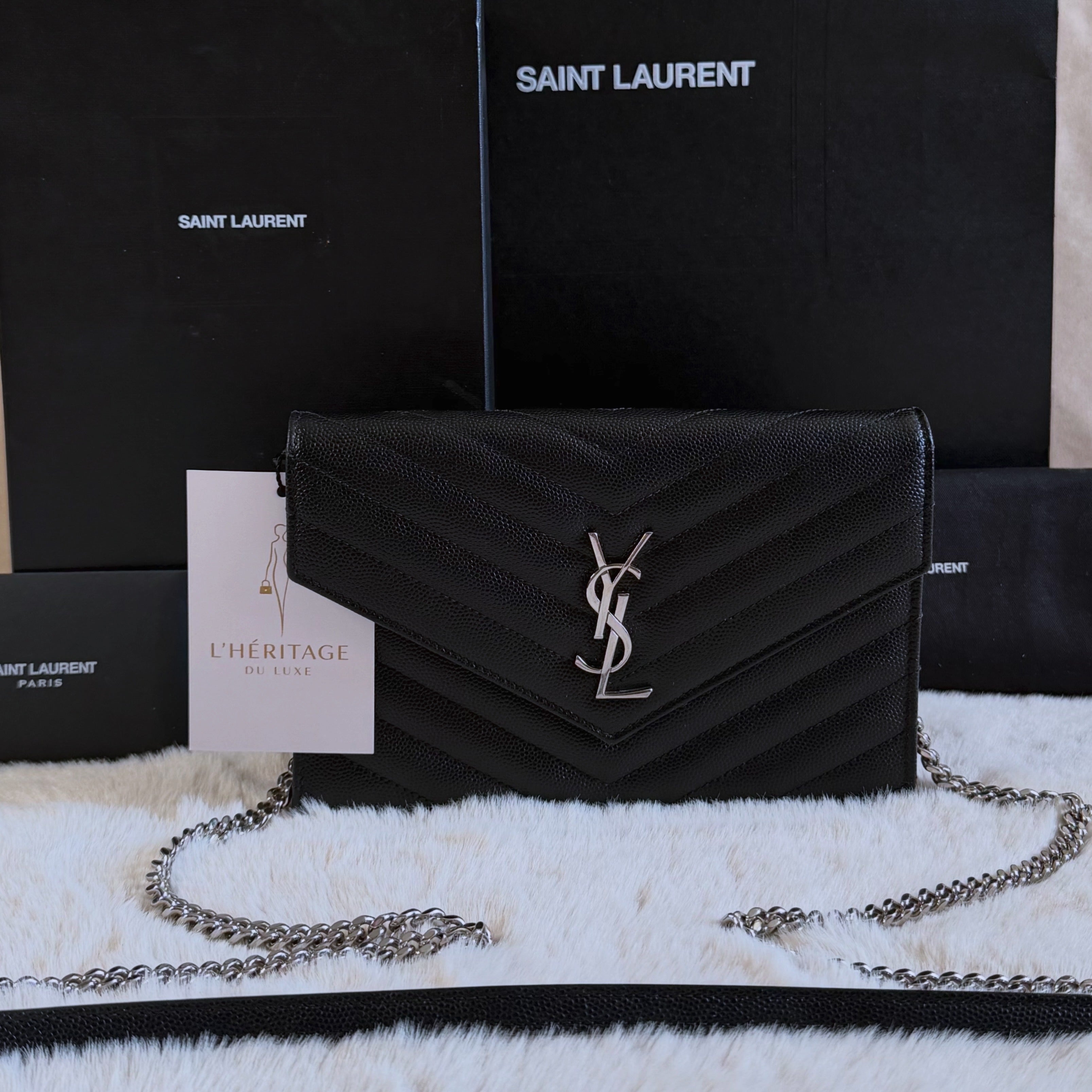 YSL Cassandre Envelope Chain Wallet in Grain de Poudre Leather