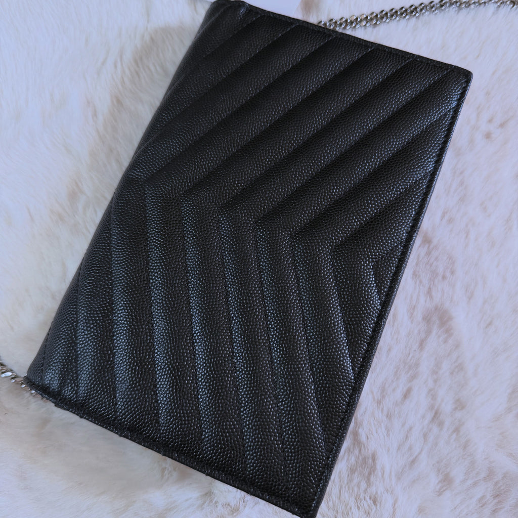 YSL Cassandre Envelope Chain Wallet in Grain de Poudre Leather