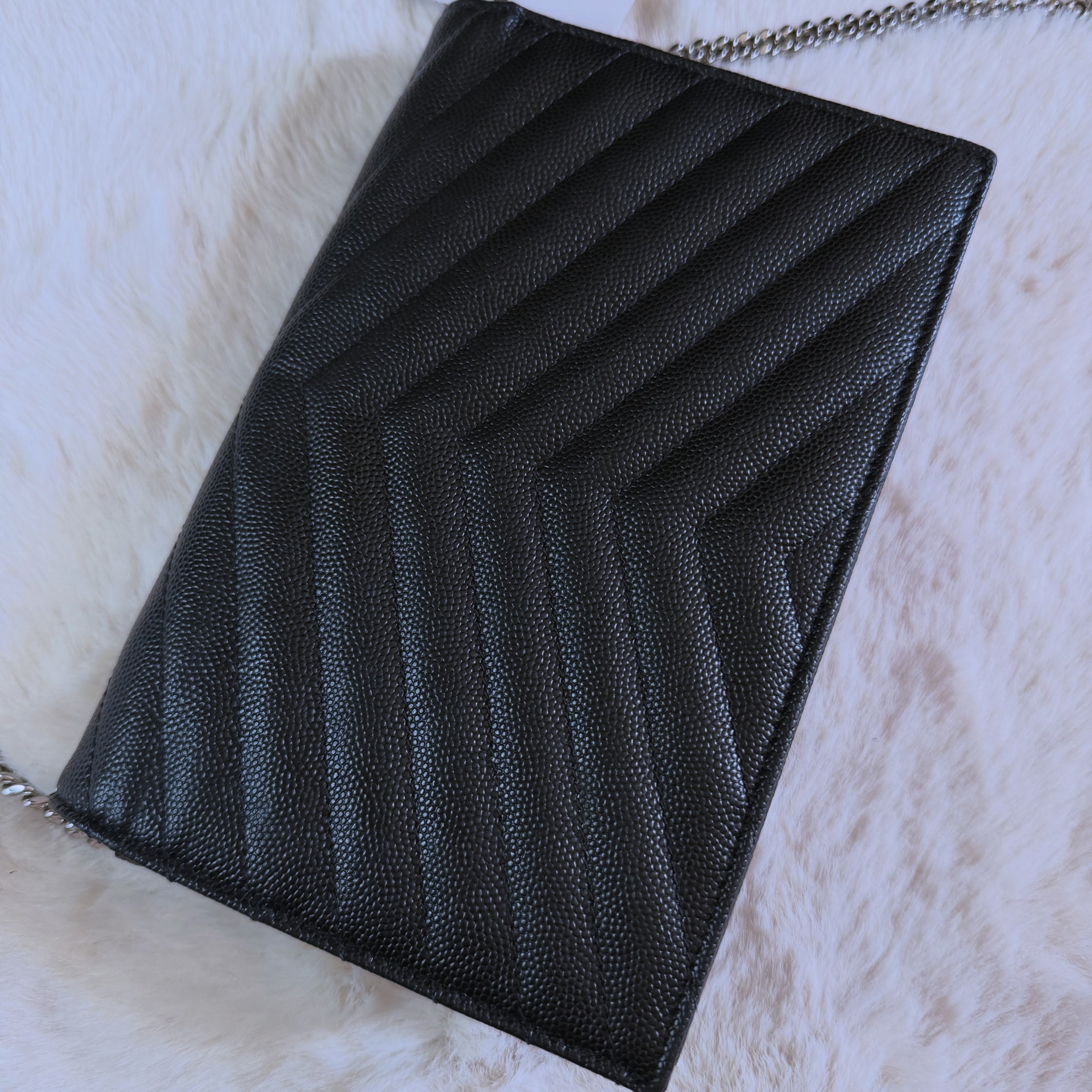 YSL Cassandre Envelope Chain Wallet in Grain de Poudre Leather