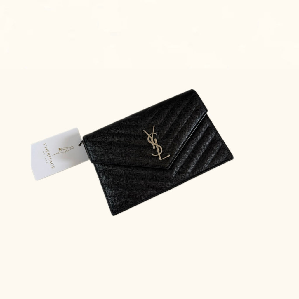 YSL Cassandre Envelope Chain Wallet in Grain de Poudre Leather