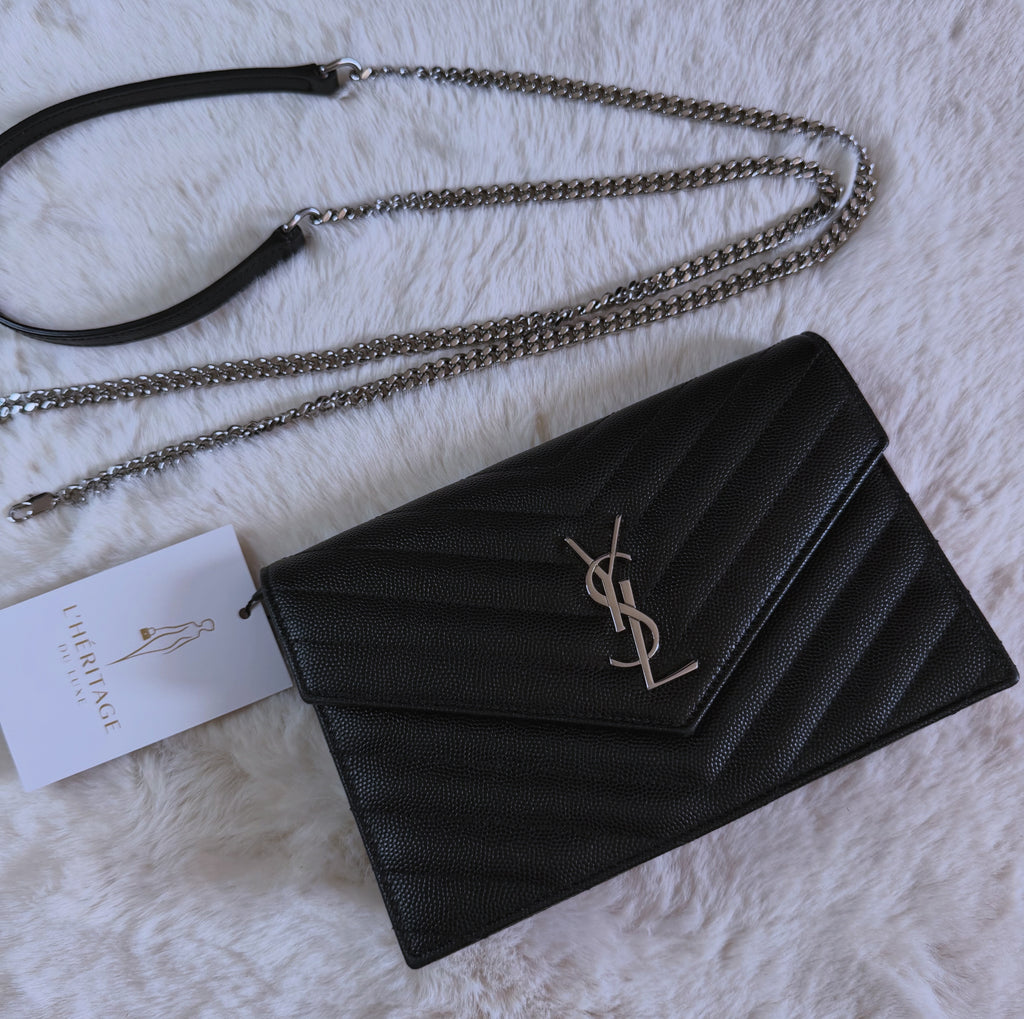 YSL Cassandre Envelope Chain Wallet in Grain de Poudre Leather