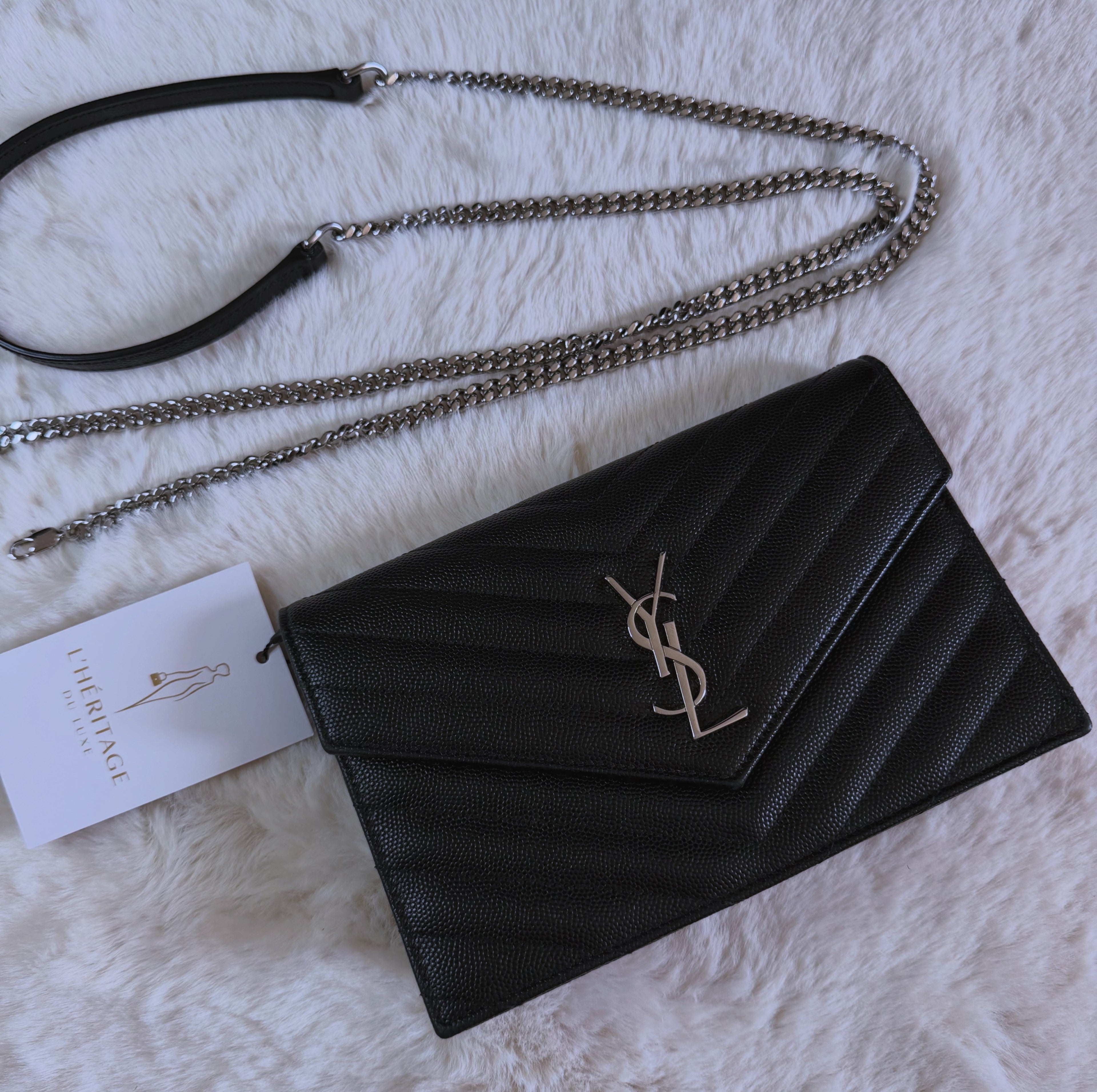 YSL Cassandre Envelope Chain Wallet in Grain de Poudre Leather