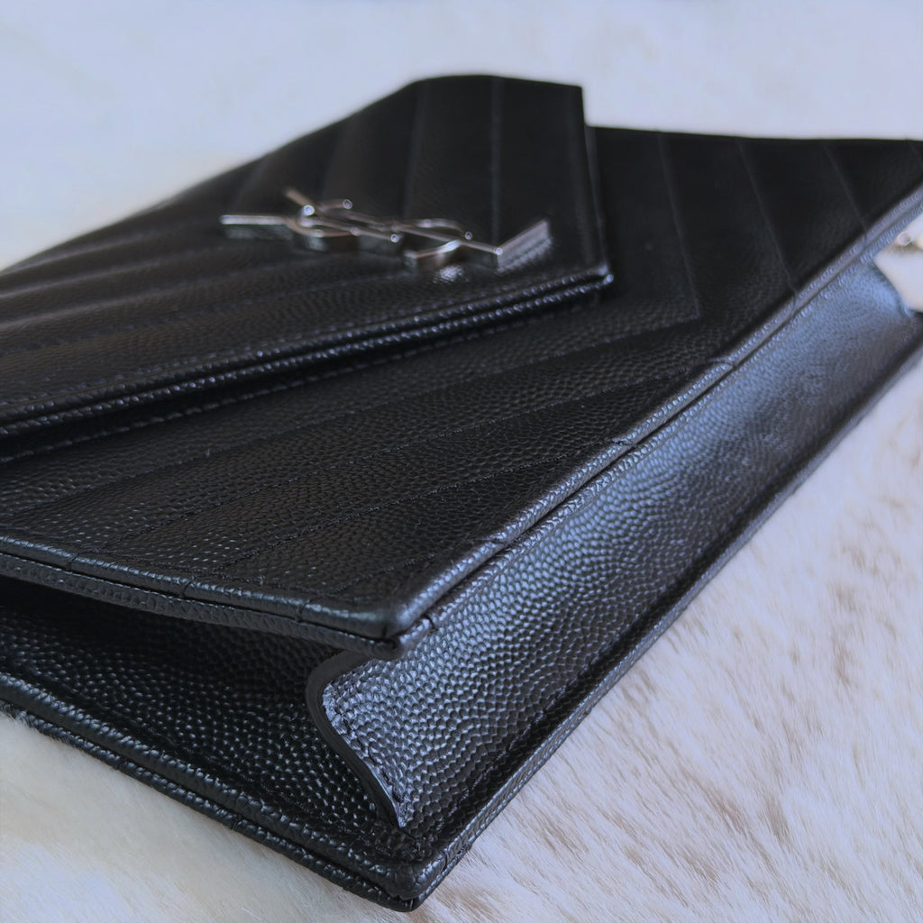 YSL Cassandre Envelope Chain Wallet in Grain de Poudre Leather