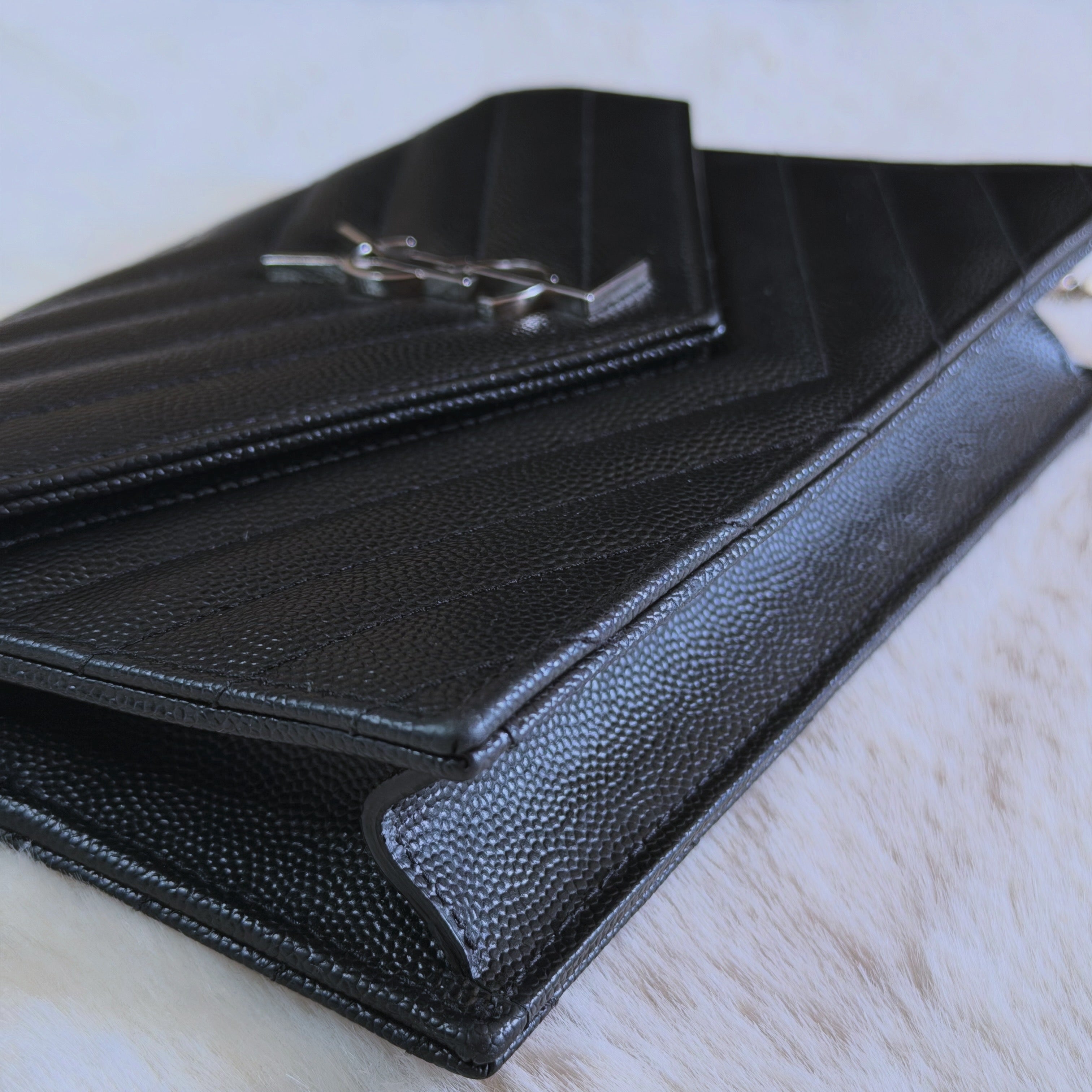 YSL Cassandre Envelope Chain Wallet in Grain de Poudre Leather