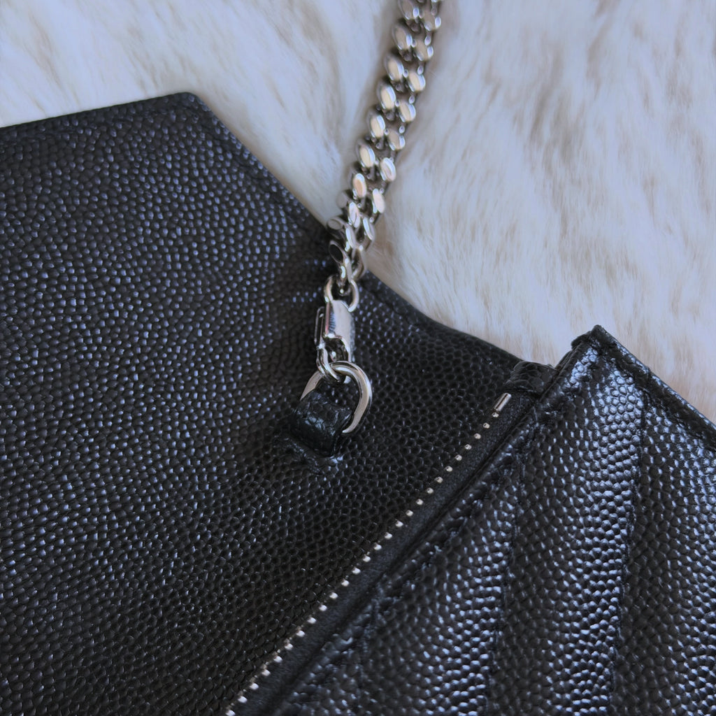 YSL Cassandre Envelope Chain Wallet in Grain de Poudre Leather