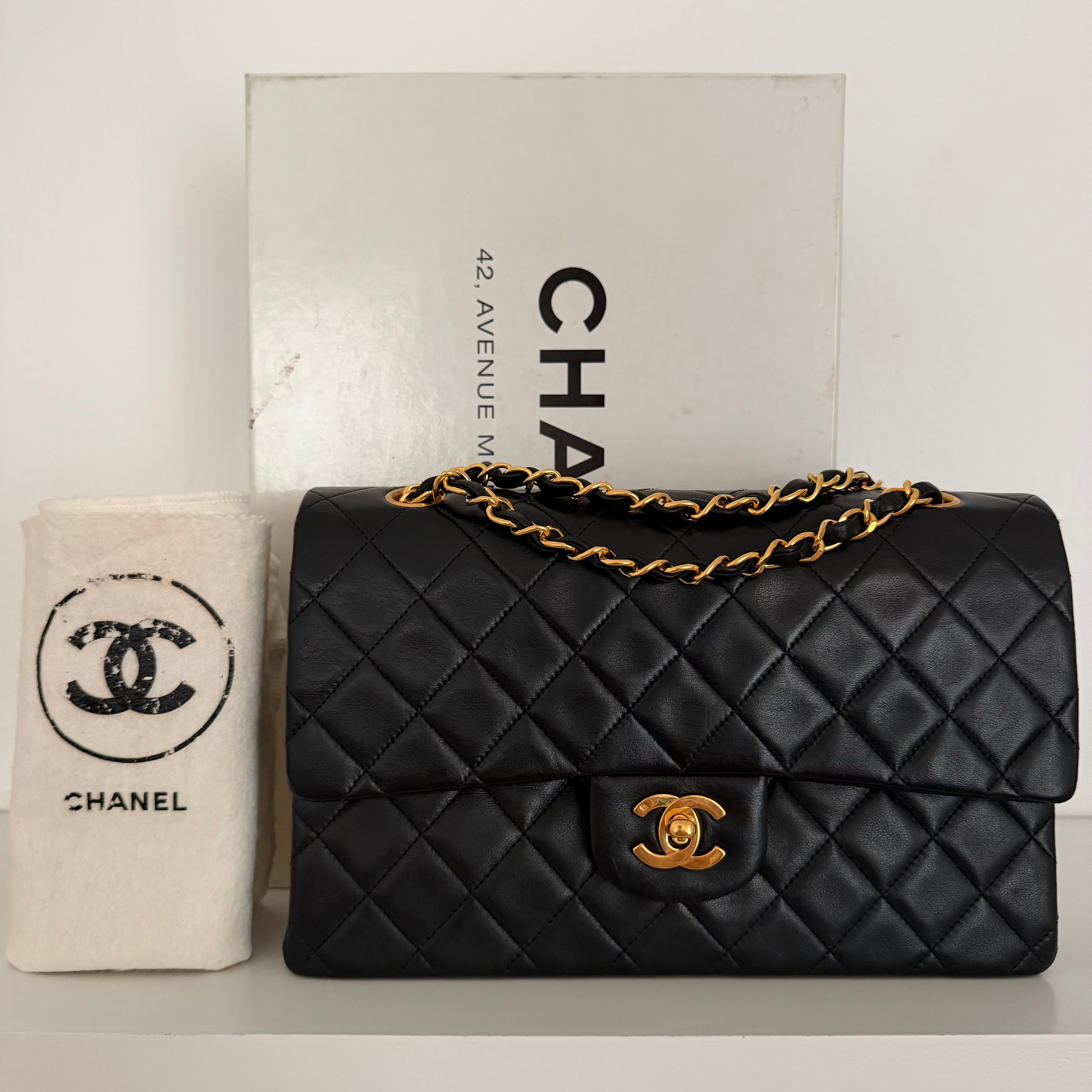 Chanel Medium Classic Vintage Double Flap Bag Black Quilted Lambskin With 24K Gold-Plated Hardware